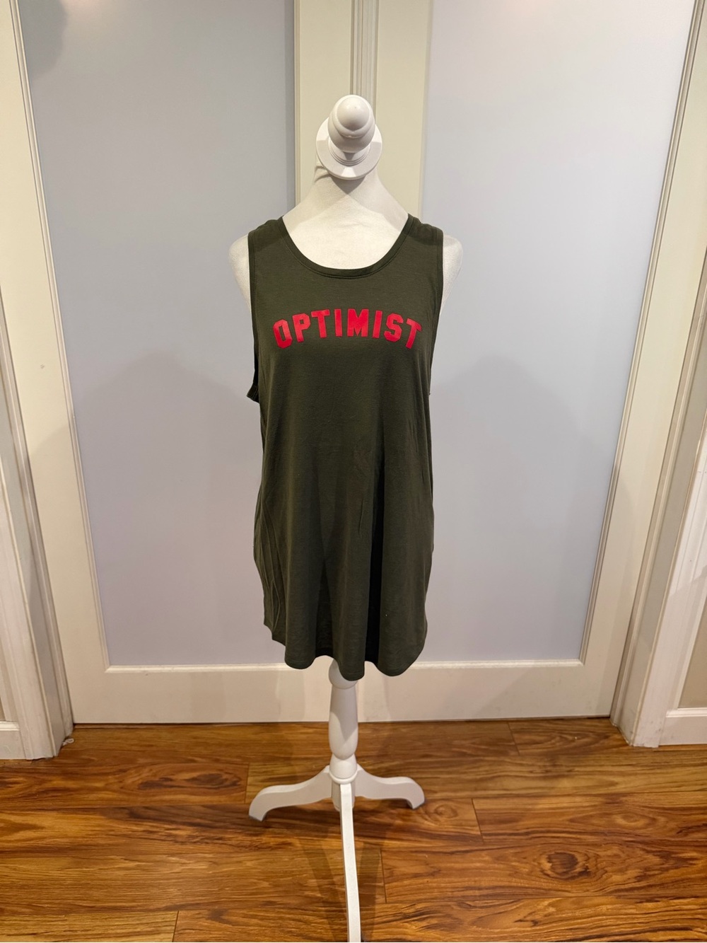 Old Navy Olive Green Tank with Pink OPTIMIST Graphic